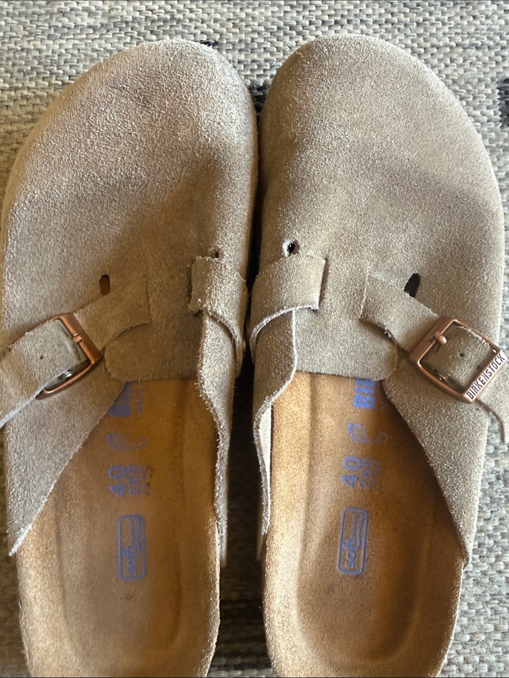 Birkenstock Suede Boston Clogs in Taupe with Metal Buckles